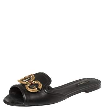 Pre Owned Dolce & Gabbana Black Leather DG Amore Flat Sandals Size 40