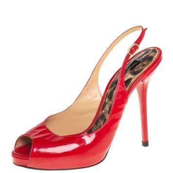 Pre Owned Dolce & Gabbana Red Patent Leather Peep Toe Slingback Sandals Size 39