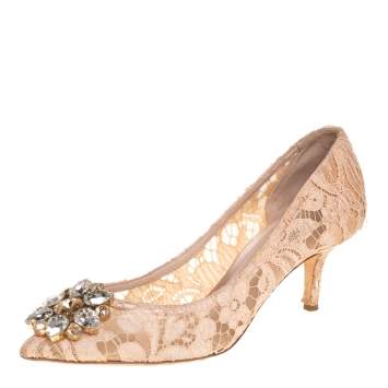 Pre Owned Dolce & Gabbana Beige Mesh And Lace Bellucci Pointed Toe Pumps Size 37