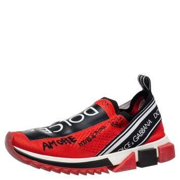 مملوكة مسبقًا Dolce & Gabbana Red Fabric Graffiti Logo Sorrento Slip On Sneaker Size 40