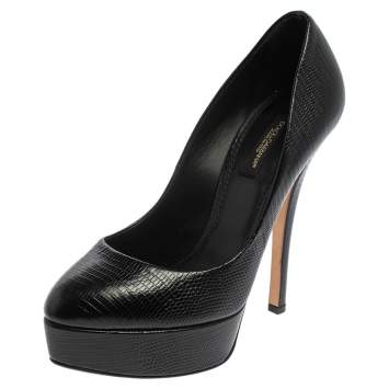 Pre Owned Dolce & Gabbana Black Lizard Embossed Leather Platform Pumps Size 37