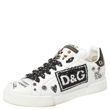 Pre Owned Dolce & Gabbana Black/White Leather Portofino With Patch And Embroidery Low Top Sneakers Size 39