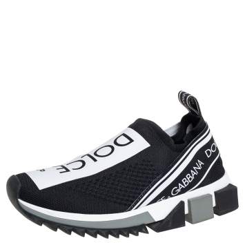 Pre Owned Dolce & Gabbana Black/White Knit Fabric Sorrento Slip On Sneakers Size 36
