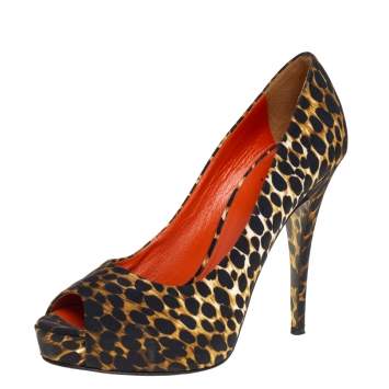 Pre Owned Dolce & Gabbana Two Tone Leopard Printed Fabric Peep Toe Platform Pumps Size 37