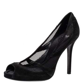 Pre Owned Dolce  & Gabbana Black Mesh And Suede Trims Peep Toe Pumps Size 37.5
