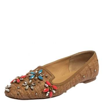 Pre Owned Dolce & Gabbana Beige Raffia Embellished Smoking Slippers Size 38.5