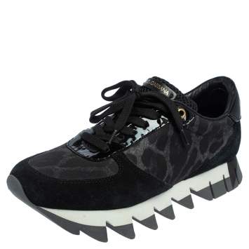 Pre Owned Dolce & Gabbana Black Suede And Leopard Print Nylon Low Top Sneakers Size 37