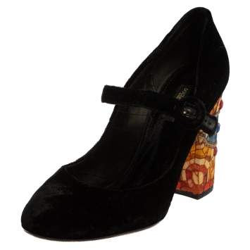 Pre Owned Dolce And Gabbana Black Velvet Crystal Embellished Heel Mary Jane Pumps Size 39