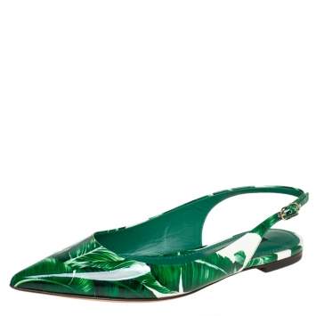Pre Owned Dolce & Gabbana Green/White Banana Leaf-Print Patent Leather Slingback Flats Size 37
