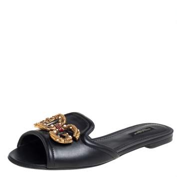 مملوكة مسبقًا Dolce & Gabbana Black Leather DG Amore Logo Embellished Flat Slides Size 38.5