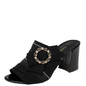 Pre Owned Dolce & Gabbana Black Satin Crystal Embellished Open Toe Mules Size 37.5
