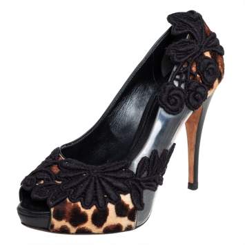 Pre Owned Dolce & Gabbana Black/Brown Calf Hair And PVC Leopard Print  Floral Embroidered Peep Toe Pumps Size 37.5