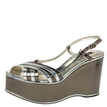 Pre Owned Dolce & Gabbana Metallic Silver Leather Wedge Platform Slingback Sandals Size 40