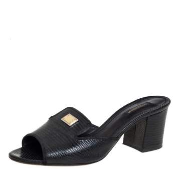 Pre Owned Dolce & Gabbana Black Lizard Embossed Leather Block Heel Slide Sandals Size 38.5