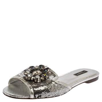 Pre Owned Dolce & Gabbana Silver Sequins Patent Leather Crystal Embellished Slides Sandals Size 38