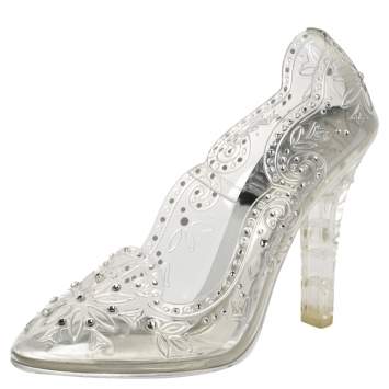 Pre Owned Dolce & Gabbana Silver PVC Crystal Embellished Cinderella Pumps Size 39.5