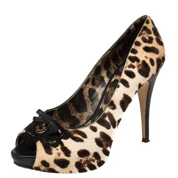 Pre Owned Dolce and Gabbana Leopard Print Pony Hair Peep Toe Platform Pumps Size 39.5