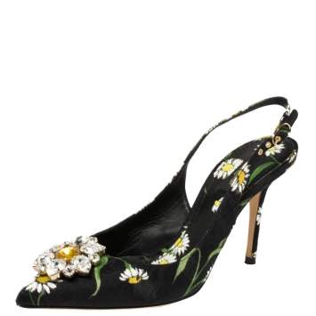 Pre Owned Dolce & Gabbana Multicolor Brocade Floral Fabric Crystal Embellished Slingback Sandals Size 39.5