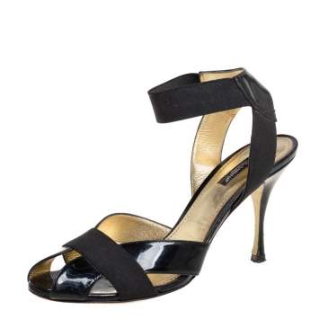 مملوكة مسبقًا Dolce & Gabbana Black Patent Leather And Fabric Ankle Strap Sandals Size 38.5