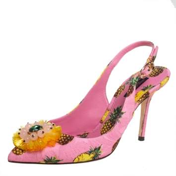 Pre Owned Dolce & Gabbana Pink Canvas  Embellishment Bow Slingback Sandals Size 38.5