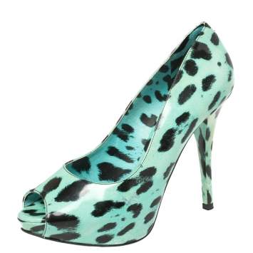 مملوكة مسبقًا Dolce & Gabbana Blue Animal Print Patent Leather Peep Toe Pumps Size 38