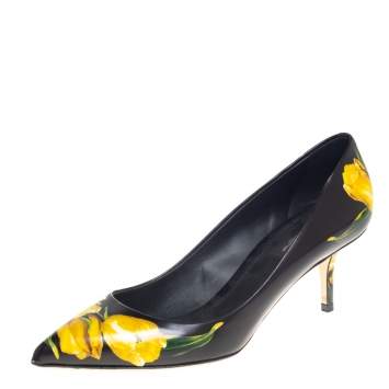 Pre Owned Dolce & Gabbana Black/Yellow Leather Tulip Print Pointed Toe Pump Size 39
