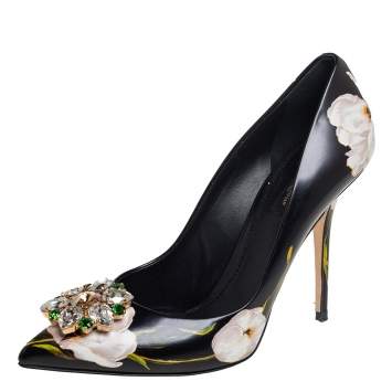Pre Owned Dolce & Gabbana Black Floral Print Leather Crystal Embellished Pointed Toe Pumps Size 41
