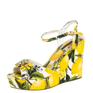 Pre Owned Dolce & Gabbana Multicolor Lemon Print Fabric Wedge Platform Ankle Strap Sandals Size 38 