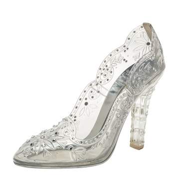 Pre Owned Dolce & Gabbana Silver PVC Cinderella Crystal Embellished Pumps Size 38