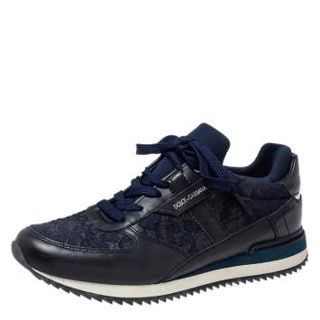 Pre Owned Dolce & Gabbana Blue/ Black Lace And Leather Low Top Sneakers Size 39