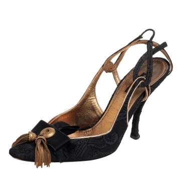 Pre Owned Dolce & Gabbana Black Lace Bow Slingback  Sandals Size 37.5