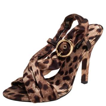 Pre Owned Dolce & Gabbana Brown Leopard Print Fabric Sandals Size 38