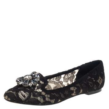مملوكة مسبقًا Dolce and Gabbana Black Lace Crystal Embellished Taormina Ballet Flats Size 37.5
