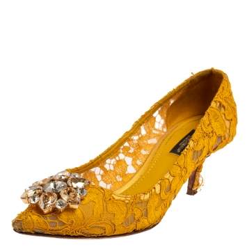 Pre Owned Dolce & Gabbana Yellow Lace Crystal Embellished Pumps Size 37