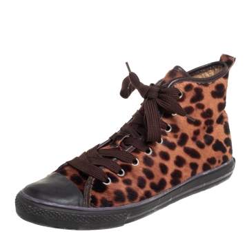 Pre Owned Dolce & Gabbana Brown Leopard Print Calf Hair High Top Sneakers Size 38