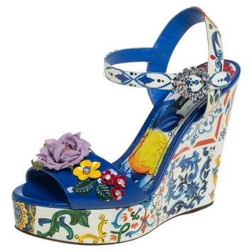 Pre Owned Dolce & Gabbana Multicolor Floral Printed Leather Wedge Platform Ankle Strap Sandals Size 39