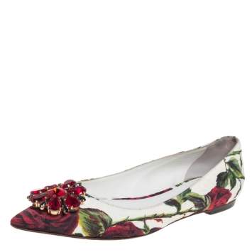 Pre Owned Dolce & Gabbana White Jacquard Rose Print Bellucci Ballet Flats Size 38