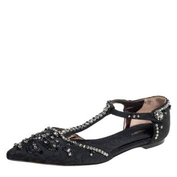 Pre Owned Dolce & Gabbana Black Fabric Embellished T-Strap Sandals Size 41