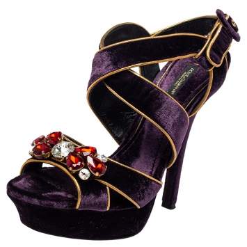 Pre Owned Dolce & Gabbana Purple Velvet And Leather Crystal Embellished Sandals Size 39