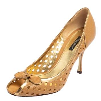 Pre Owned Dolce & Gabbana Brown/Gold Perforated Leather Bow Detail Peep Toe Pumps Size 39