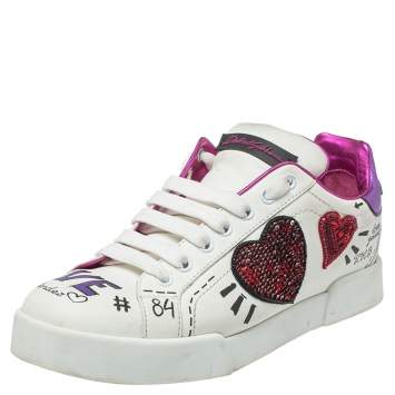 Pre Owned Dolce & Gabbana White Leather Patch Embroidered Low Top Sneakers Size 38