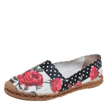 مملوكة مسبقًا Dolce & Gabbana White Floral Print Leather Espadrille Flats Size 38
