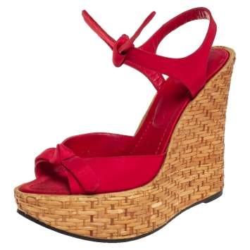 Pre Owned Dolce & Gabbana Red Canvas Wedge Ankle Strap Sandals Size 38