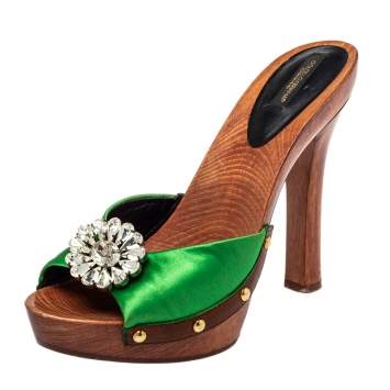 Pre Owned Dolce & Gabbana Green Satin Crystal Embellished Wooden Mule Sandals Size 37