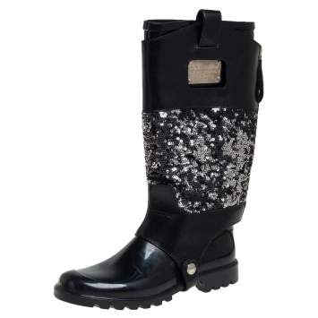 Pre Owned Dolce & Gabbana Black Rubber with Sequin Embellished Leather Wellington Rain Boots Size 37