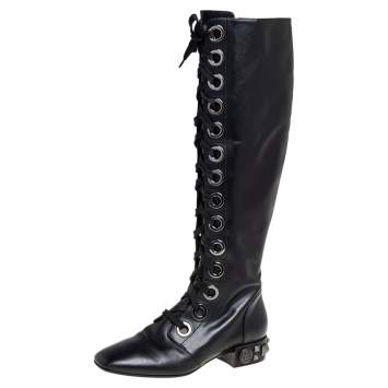 Pre Owned Dolce & Gabbana Black Leather Jackie Lace Up Knee Length Boots Size 41