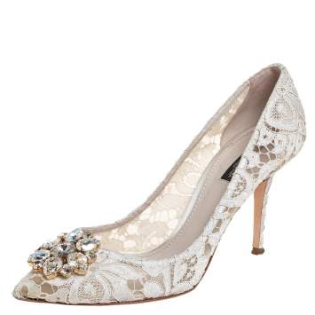 Pre Owned Dolce & Gabbana White Lace Taormina Pumps Size 40.5