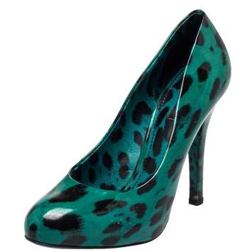 Pre Owned Dolce & Gabbana Green Leopard Print Patent Leather Pumps Size 38.5