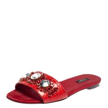Pre Owned Dolce & Gabbana Red Corcodile and Satin Flat Slides Size 41