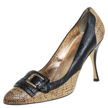 Pre Owned Dolce & Gabbana Black/Beige Python and Leather Buckle Detail Fringe Pumps Size 37.5